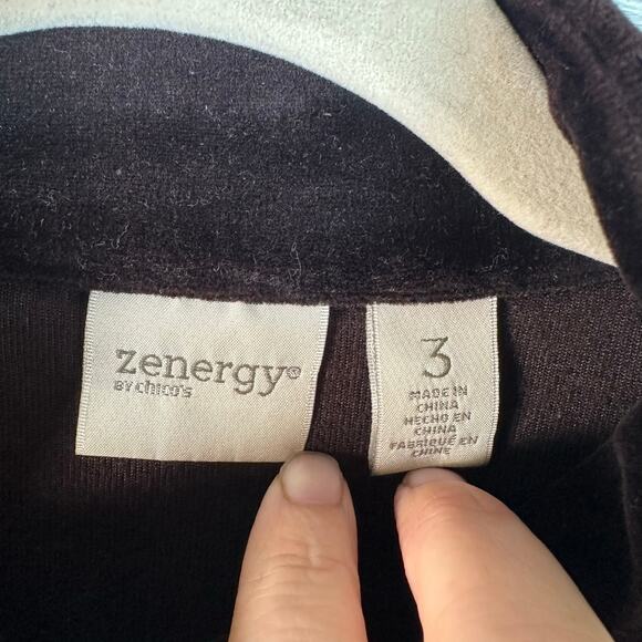 Zenergy by Chico’s velvet jacket, dark brown, gold & silver sequence zip front - Picture 5 of 10